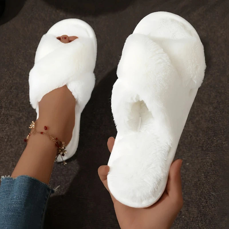 Cross Strap Faux Fur Slippers