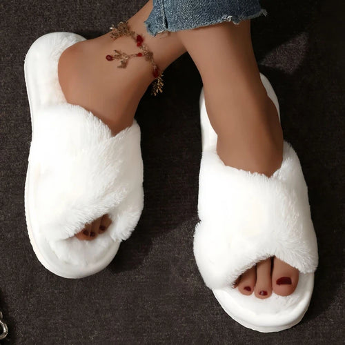 Cross Strap Faux Fur Slippers
