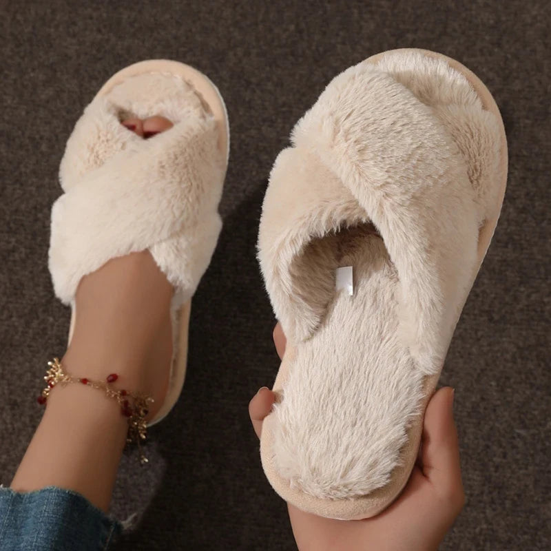 Cross Strap Faux Fur Slippers