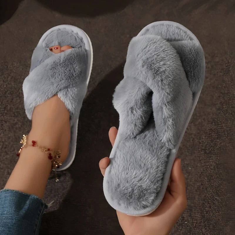 Cross Strap Faux Fur Slippers